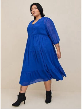 Torrid Maxi Blue Chiffon Clip Dot Pleated Dress